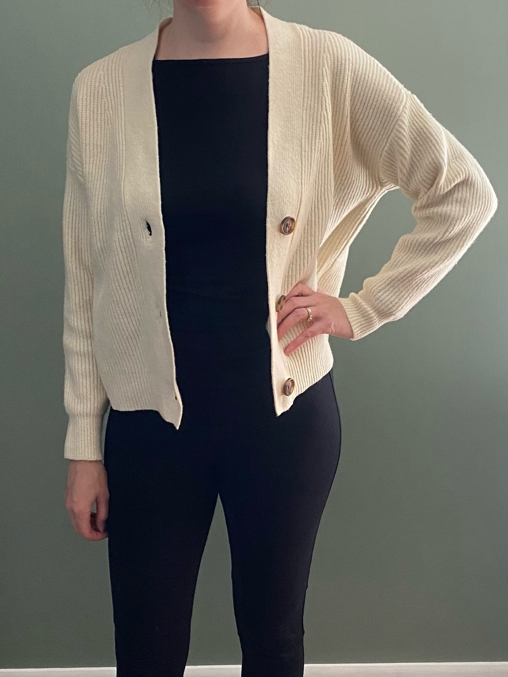Cream Button-Front Rib Knit Cardigan - Picture 2 of 8
